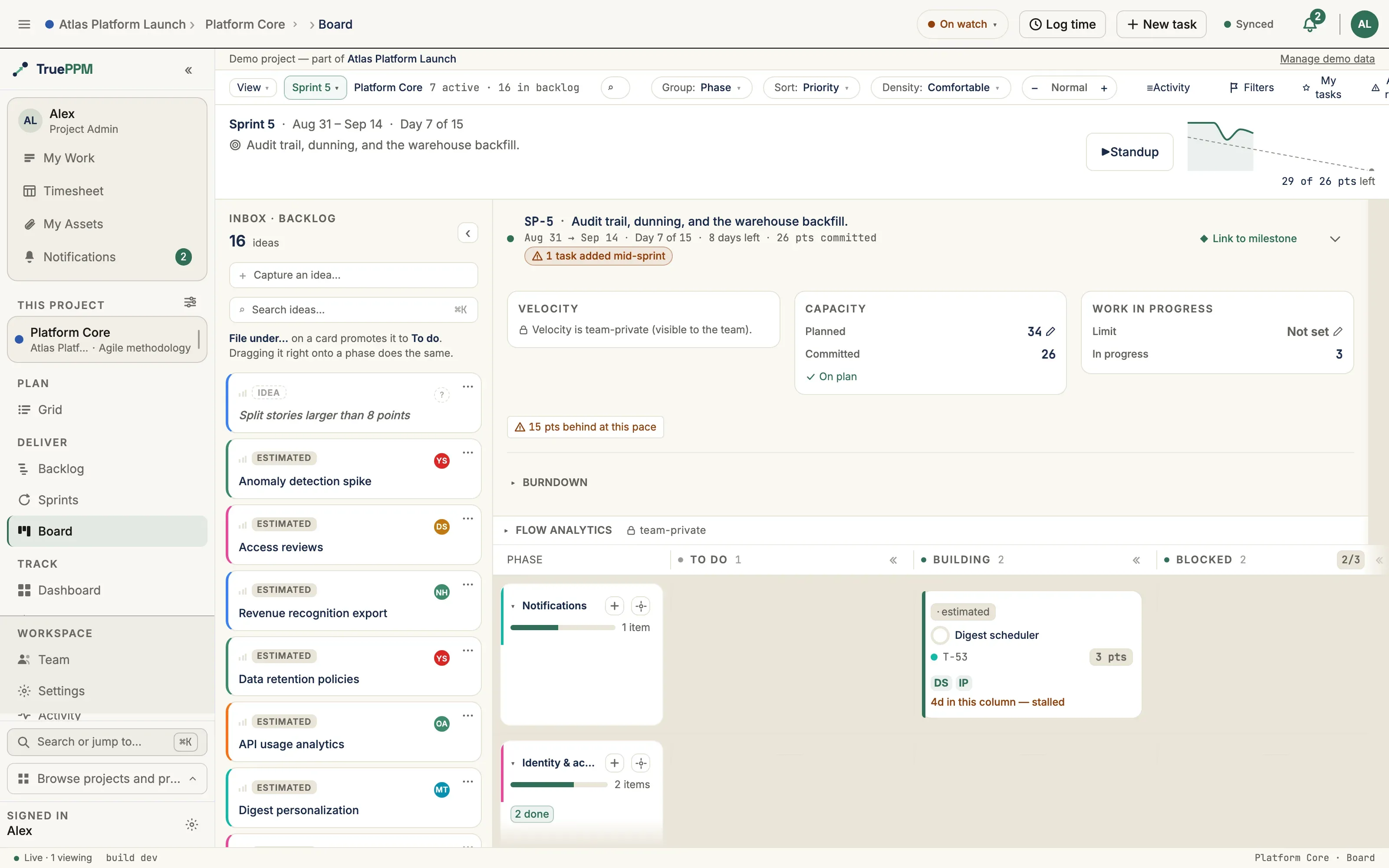 The TruePPM Board for an agile project: the active sprint panel with goal, velocity, capacity and WIP above phase columns, and the backlog inbox on the left