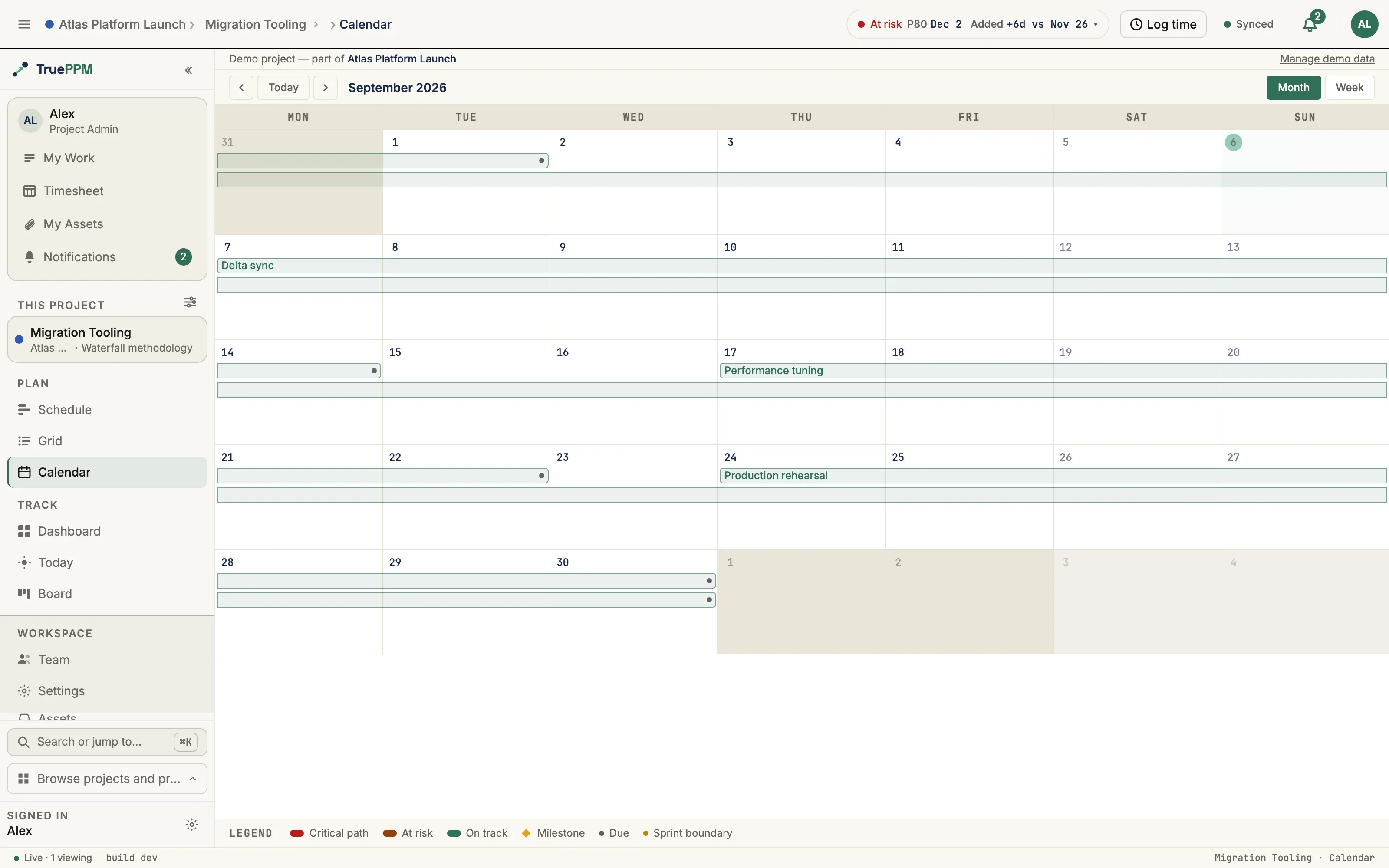 The Calendar view in Month mode with task chips spanning working days