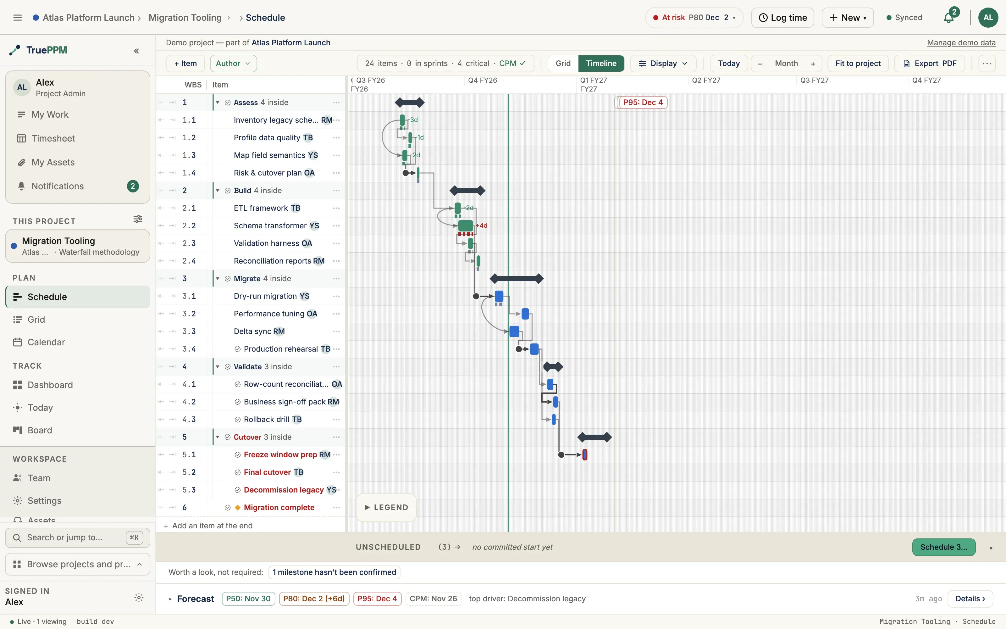 The TruePPM Schedule view: a task list beside a full-width Gantt chart with the critical path highlighted, summary rollups, and a P50/P80/P95 finish-date forecast bar